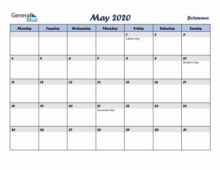 May 2020 Calendar with Holidays in Botswana