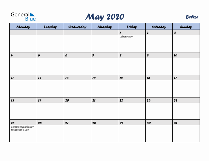 May 2020 Calendar with Holidays in Belize