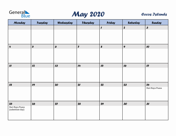 May 2020 Calendar with Holidays in Cocos Islands