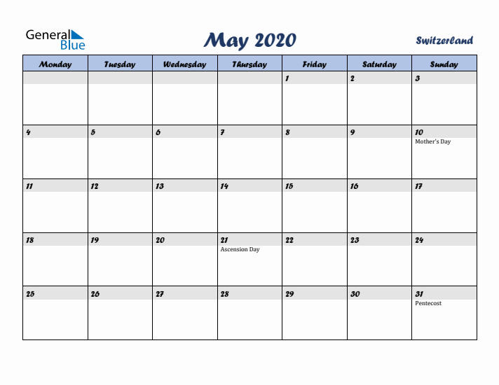 May 2020 Calendar with Holidays in Switzerland