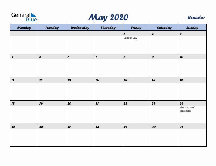 May 2020 Calendar with Holidays in Ecuador