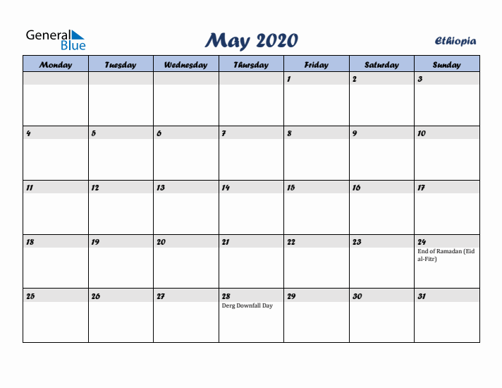 May 2020 Calendar with Holidays in Ethiopia