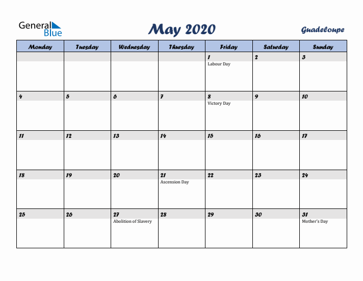 May 2020 Calendar with Holidays in Guadeloupe