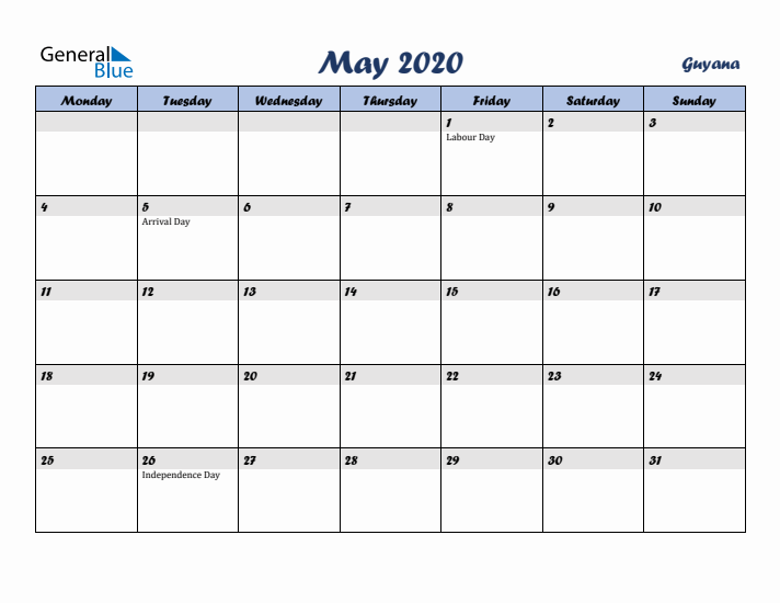 May 2020 Calendar with Holidays in Guyana