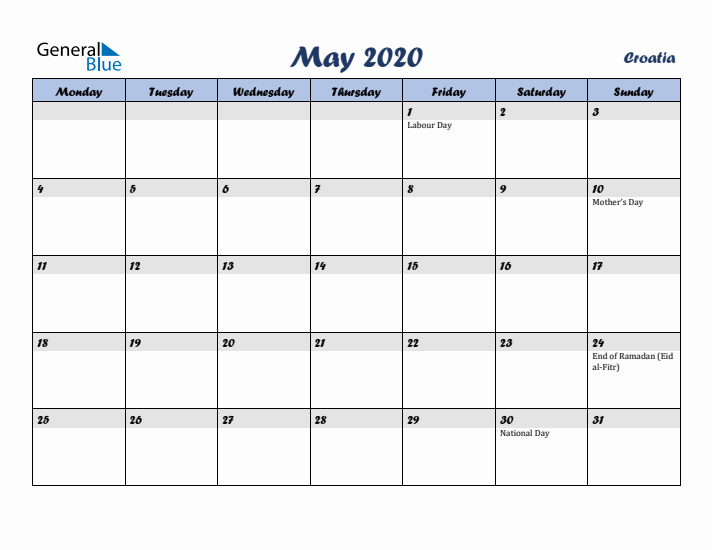 May 2020 Calendar with Holidays in Croatia