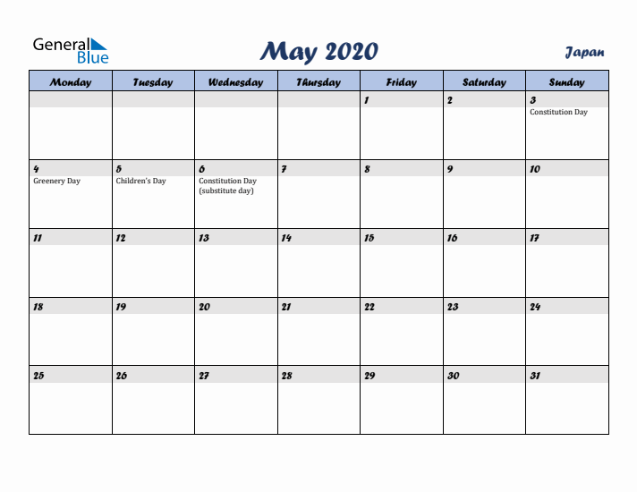 May 2020 Calendar with Holidays in Japan