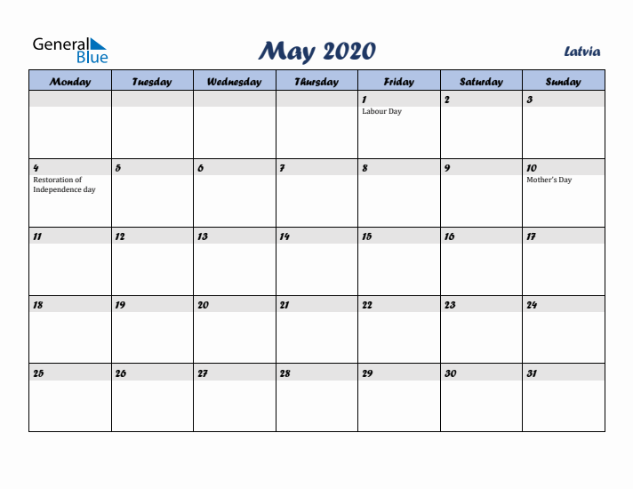 May 2020 Calendar with Holidays in Latvia