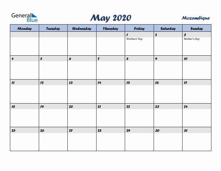 May 2020 Calendar with Holidays in Mozambique