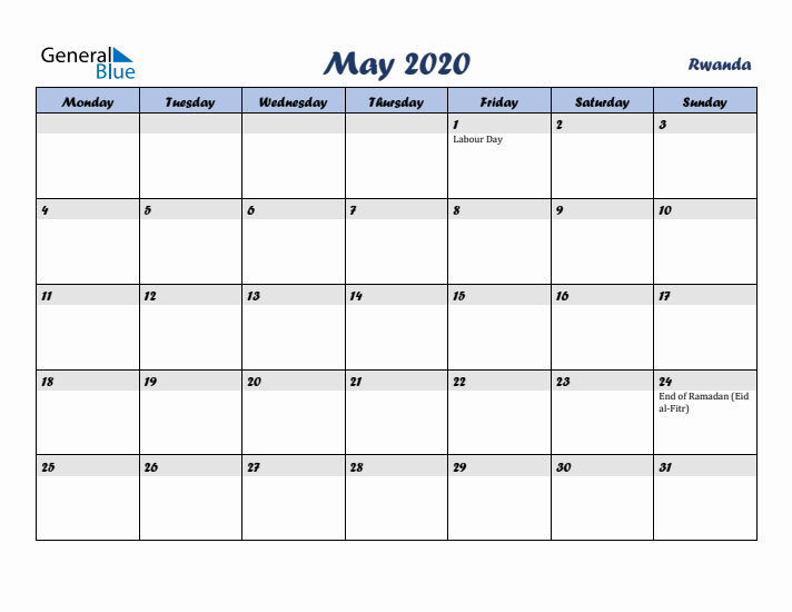 May 2020 Calendar with Holidays in Rwanda