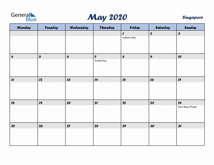 May 2020 Calendar with Holidays in Singapore