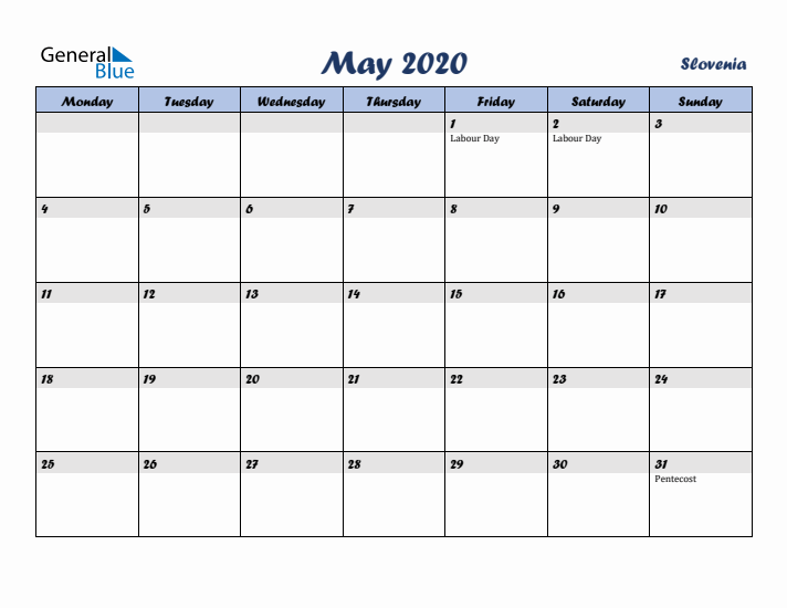 May 2020 Calendar with Holidays in Slovenia