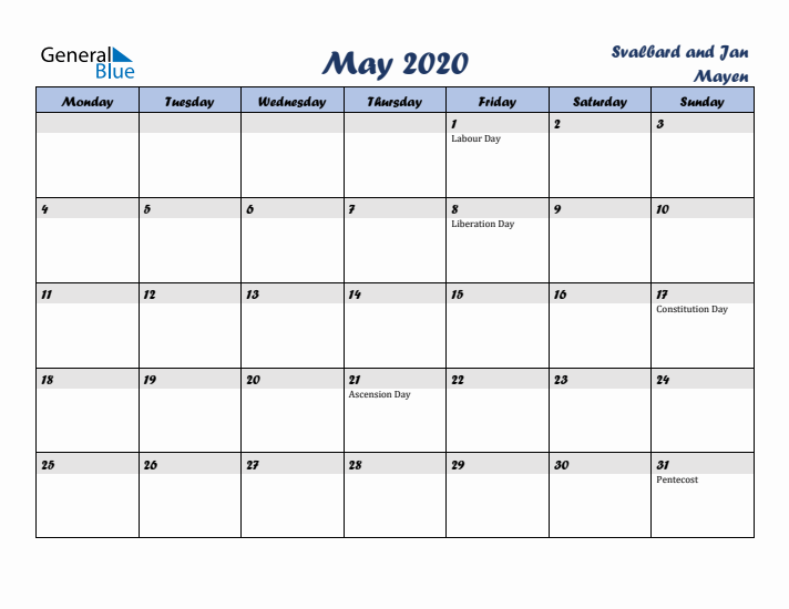 May 2020 Calendar with Holidays in Svalbard and Jan Mayen