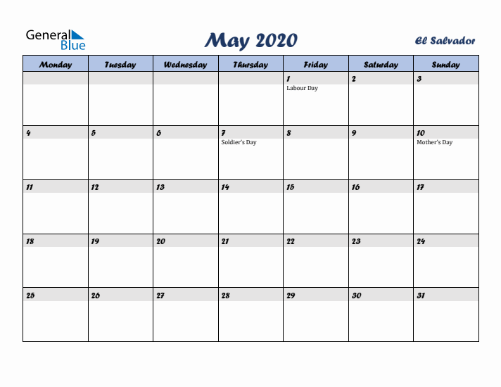 May 2020 Calendar with Holidays in El Salvador