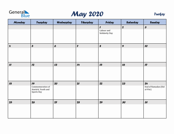 May 2020 Calendar with Holidays in Turkey