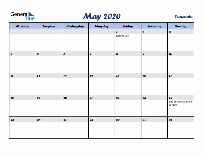 May 2020 Calendar with Holidays in Tanzania