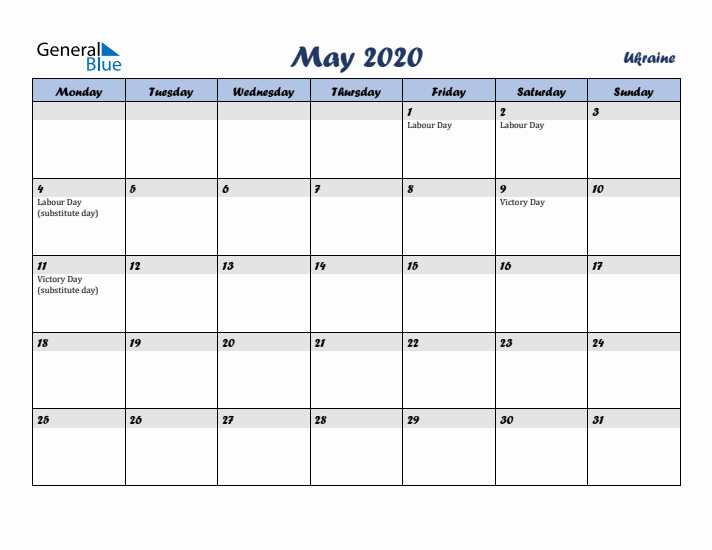 May 2020 Calendar with Holidays in Ukraine