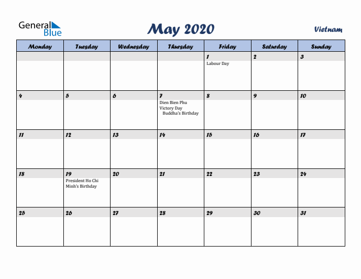 May 2020 Calendar with Holidays in Vietnam