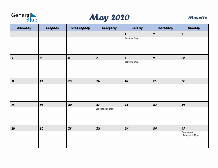 May 2020 Calendar with Holidays in Mayotte