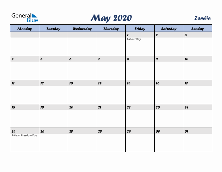 May 2020 Calendar with Holidays in Zambia