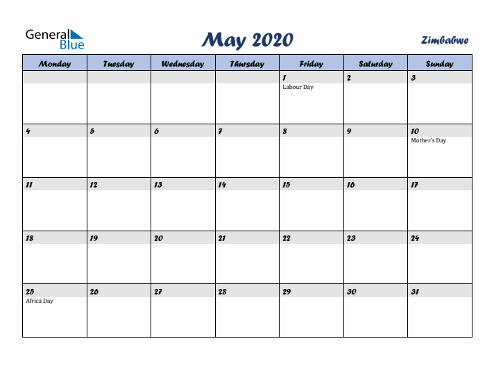 May 2020 Calendar with Holidays in Zimbabwe