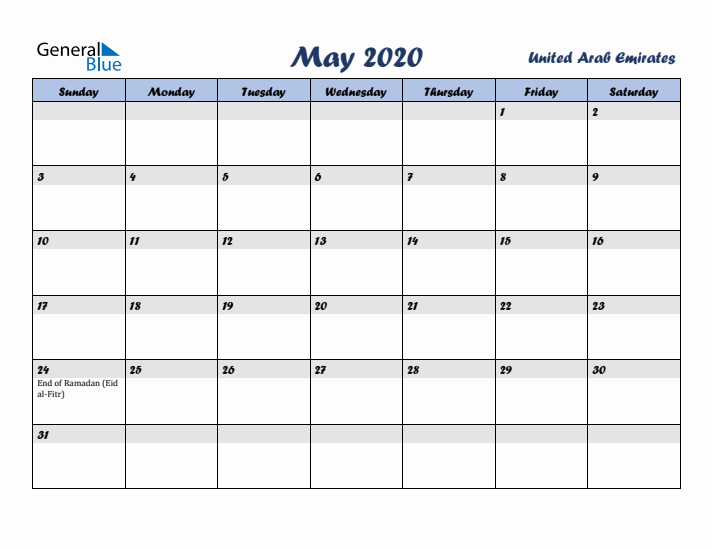 May 2020 Calendar with Holidays in United Arab Emirates