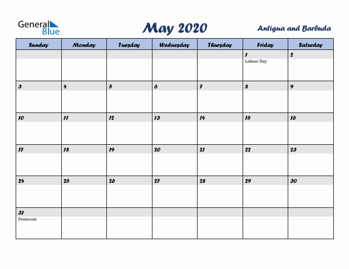 May 2020 Calendar with Holidays in Antigua and Barbuda