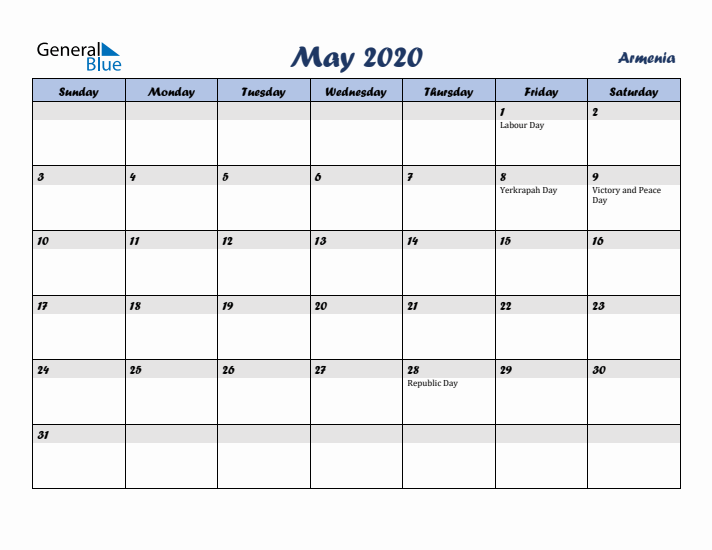 May 2020 Calendar with Holidays in Armenia