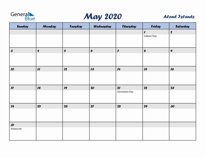 May 2020 Calendar with Holidays in Aland Islands