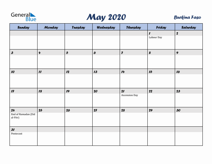 May 2020 Calendar with Holidays in Burkina Faso