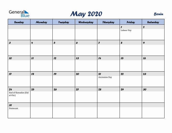 May 2020 Calendar with Holidays in Benin