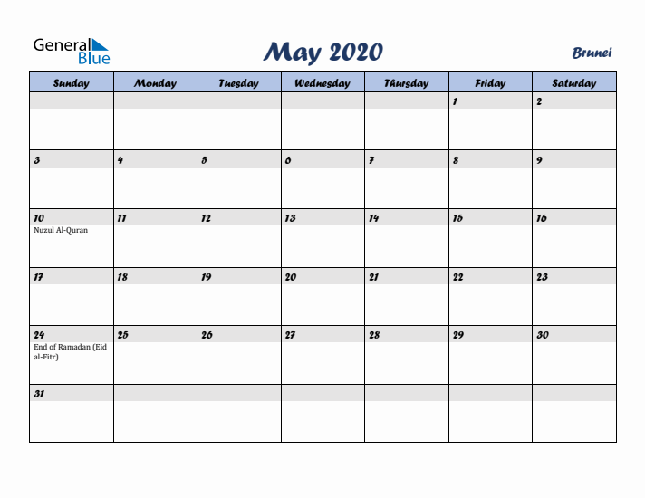 May 2020 Calendar with Holidays in Brunei