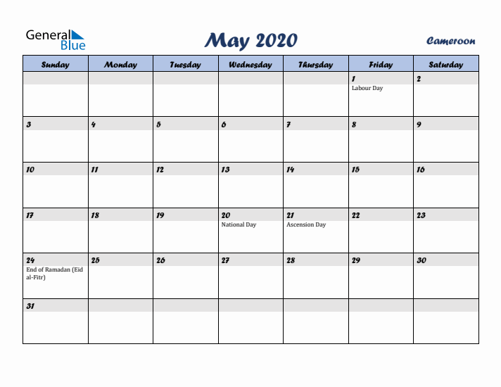 May 2020 Calendar with Holidays in Cameroon