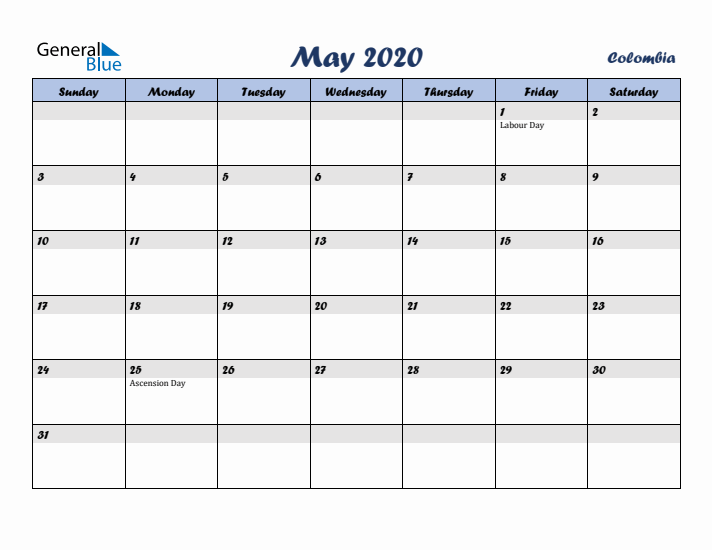 May 2020 Calendar with Holidays in Colombia