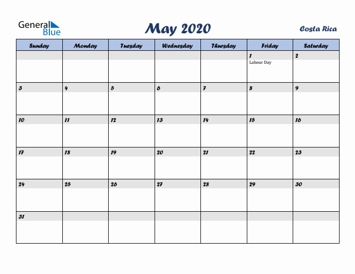 May 2020 Calendar with Holidays in Costa Rica