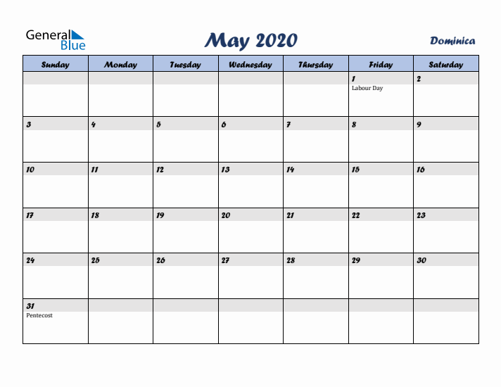 May 2020 Calendar with Holidays in Dominica