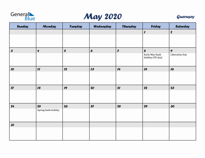 May 2020 Calendar with Holidays in Guernsey