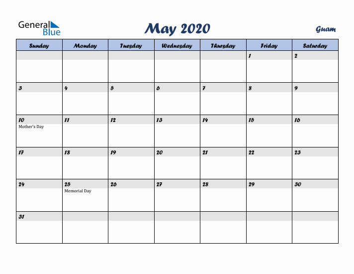 May 2020 Calendar with Holidays in Guam