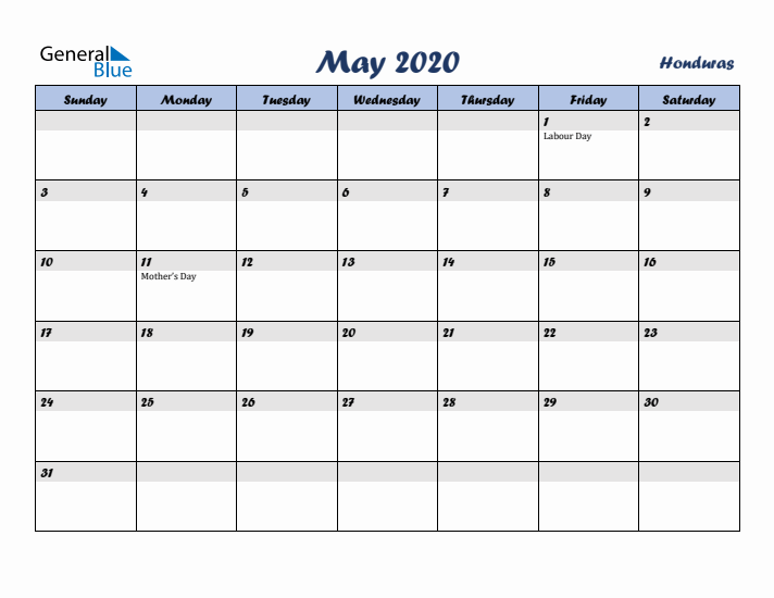 May 2020 Calendar with Holidays in Honduras