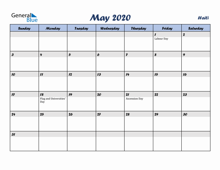 May 2020 Calendar with Holidays in Haiti