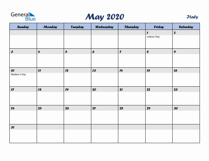 May 2020 Calendar with Holidays in Italy