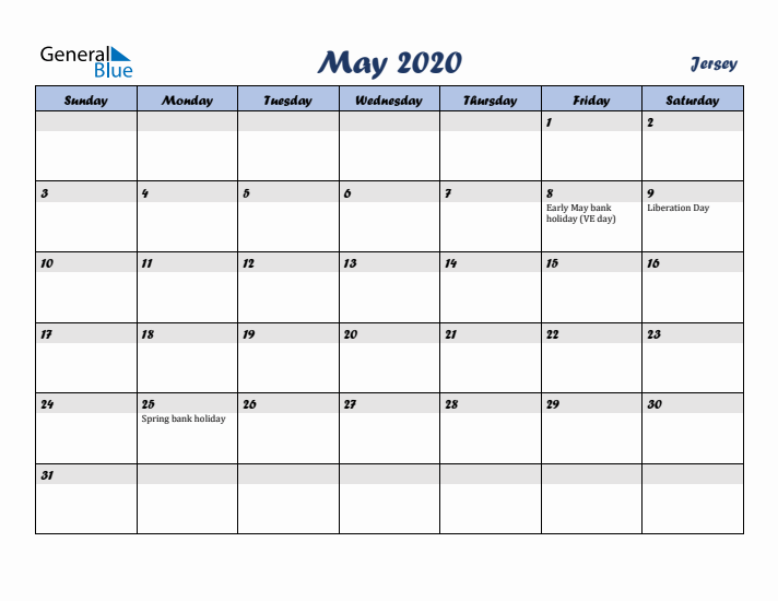 May 2020 Calendar with Holidays in Jersey