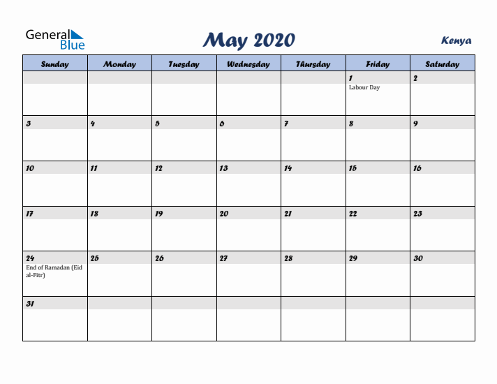 May 2020 Calendar with Holidays in Kenya