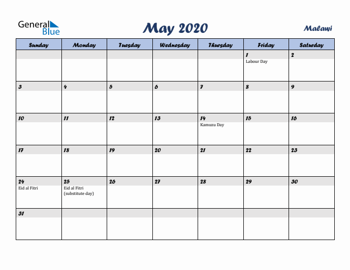 May 2020 Calendar with Holidays in Malawi