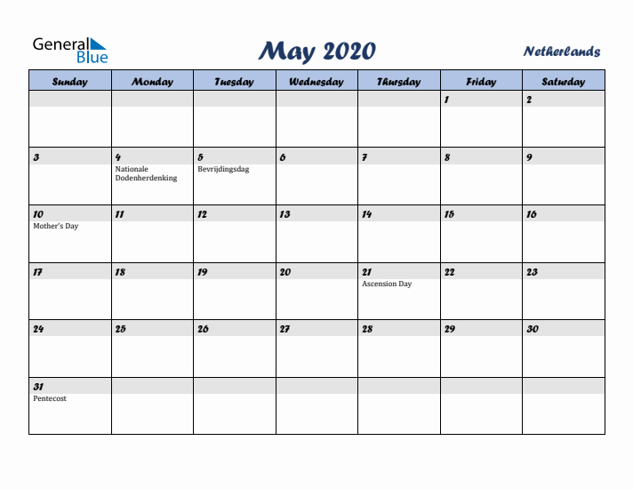 May 2020 Calendar with Holidays in The Netherlands