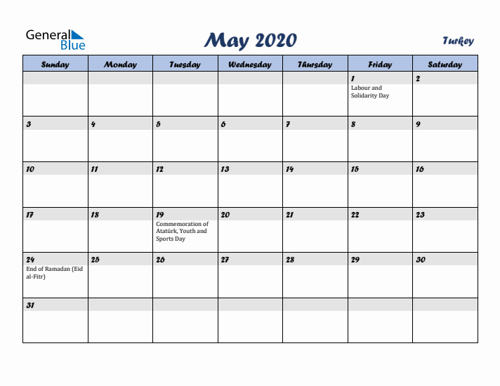 May 2020 Calendar with Holidays in Turkey