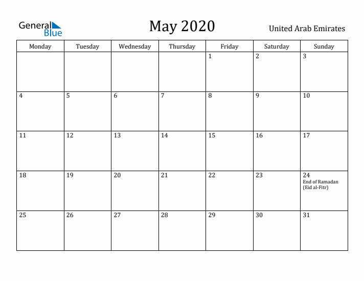 May 2020 Calendar United Arab Emirates