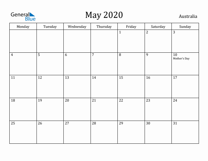 May 2020 Calendar Australia