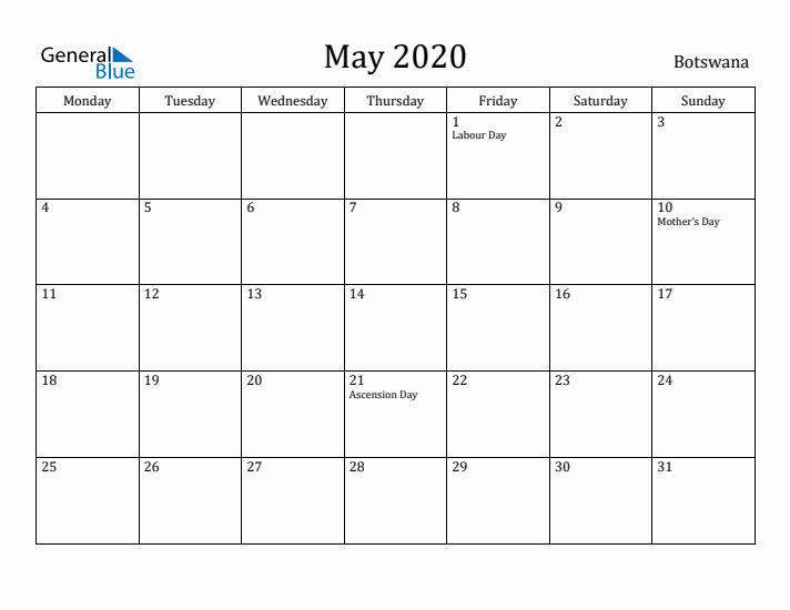 May 2020 Calendar Botswana