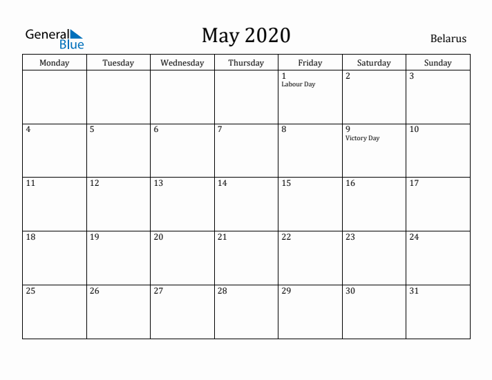 May 2020 Calendar Belarus