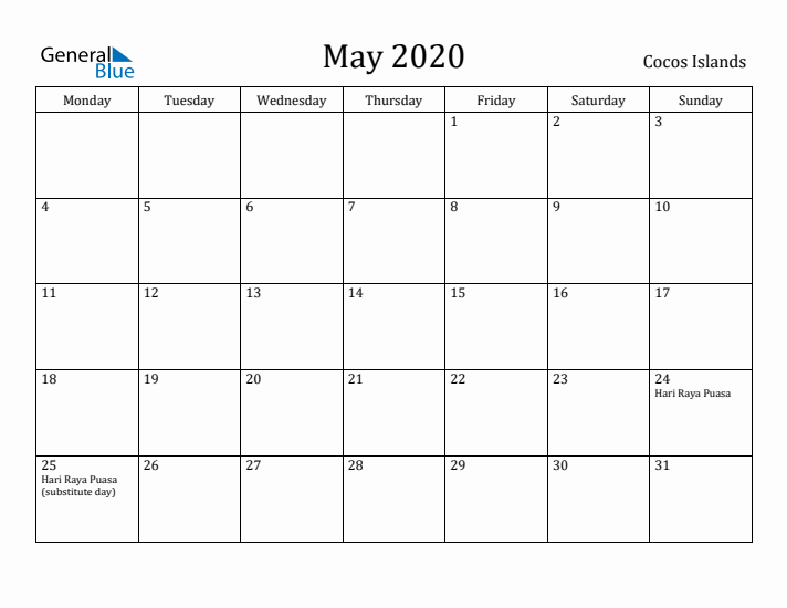 May 2020 Calendar Cocos Islands